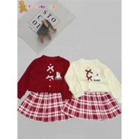 Set Váy Thu Đông Áo Len kèm Chân Váy Kẻ Cho Bé Gái Từ 9-23kg.