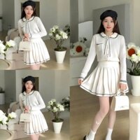 Sét váy thun nữ dài tay, Áo thun cổ sen trắng viền đen kèm chân váy tennis xếp ly chất dày dặn hàn quốc