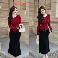 Set Váy Thun Tăm Lạnh Áo Tay Dài Chân Váy Dài Tôn Dáng Nữ