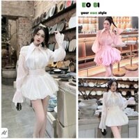 Set váy tiểu thư áo sơ mi bánh bèo kiểu vạt nhọn tay loe chân váy xoè phồng tơ nến - EOBI