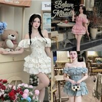 Sét váy tiểu thư cách điệu ngọt ngào sét đũi thô hoa áo mocking phối bèo tầng trễ vai đính 3 nơ mix chân váy tầng xếp ly