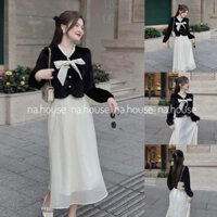 Set váy tiểu thư dáng dài, set đồ nữ sang trọng đi chơi dự tiệc dạo phố Nahouse áo nhung tay dài chân váy đẹp xinh xịn