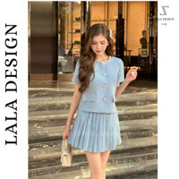 Set váy tiểu thư Lala Design kèm chân váy xếp ly phối cổ ngọc tiểu thư màu xanh dương pastel, có BIGSIZE - [LALA DESIGN]