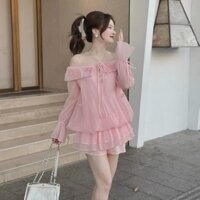 Sét váy tiểu thư mặc đi chơi chất voan cao cấp áo trễ vai bèo ngực tay dài váy ngắn xoè phối tầng có lót quần dễ thương