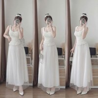 Set váy tiểu thư màu trắng áo chất xốp 2 dây ôm eo phối chân váy dài VOAN TƠ 2 lớp lượn sóng mặc dự tiệc cực sang
