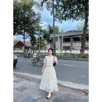 Sét váy tiểu thư thanh lịch sang trọng sét váy ren áo from ngắn tay phồng phối túi viền ren mix chân váy dáng dài doxinh