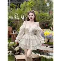 Set Váy Tơ Hoa Trễ Vai Bồng Chân Ren Xoè Công Chúa, Thiết Kế 2 Dây, Dành Cho Các Chị Em Đi Tiệc, Đi Chơi.
