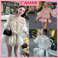 Set váy tơ trễ vai tay bồng viền đen nhún eo, đầm tiểu thư dáng xoè 3 tầng tặng kèm quần bảo hộ rời chất voan tơ HB985