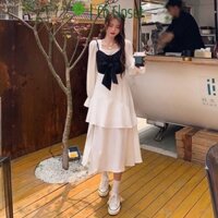 Sét Váy Trắng Cổ Vuông Kèm Áo Yếm Nơ Ngực, Đầm Bánh Bèo Tiểu Thư Dự Tiệc