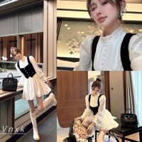 Sét váy trắng tiểu thư kèm áo gile nhung đen, kèm ảnh chụp thật, hàng chất siu siu đẹp