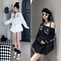 Set Váy Trễ Vai In Chữ Buộc Nơ Vai Dáng Bí Kem Quần Bảo Hộ 2 Màu Siêu Hot (Ảnh Thật Trải Sàn) Lollaye