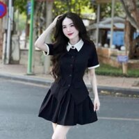 Sét váy vest thiết kế nữ tiểu thư cá tính, sét mango áo vest cổ sơ mi phối trắng tay ngắn mix chân váy xếp ly ngắn cólót