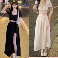 Set váy xẻ tà hack chân kèm áo croptop có quần trong có mút dày dặn đi làm đi chơi đi biển