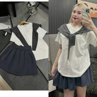 Set Váy Xếp Ly ELA CLOTHING - Set Bộ Thuỷ Thủ Nữ Áo Thun Trơn Tặng Kèm Khăn Quàng Cổ Phối Chân Váy Sang Chảnh Chất Thô