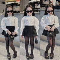 Set váy xinh cho bé gái 10-30kg Set áo sơ mi cổ bèo mix chân váy dạ đen KH cho bé gái