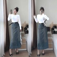 Sét váy xinh thời trang áo thun gân cổ tròn tay dài, chân váy jean dài qua gối chữ A kèm dây nịt
