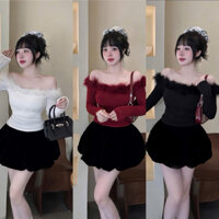 set váy xòe bí nữ, set áo thun borip  tay dài phối viền lông+ chân váy  bí nhung