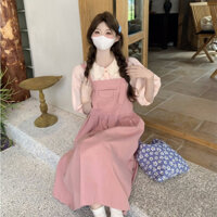 Set váy yếm 2 dây phối sơ mi tay ngắn bồng cổ ren vintage, áo sơ mi nữ phối yếm hồng dễ thương 5796