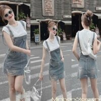 Set váy yếm 2 dây thời trang nữ có túi chất vải jean qc kèm ao thun gân trơn cổ tròn