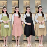 Set Váy Yếm Bầu Áo + Váy Rời Nhung Mềm, Suông, Cổ Vuông Form Dáng A Hàn Quốc, Có Dây Thắt Eo, Túi 2 Bên, Form Dễ Mặc