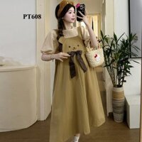 Set váy yếm bầu màu nâu dáng dài, yếm bầu gấu nâu kèm áo, đầm yếm bầu đính nơ hình gấu đáng yêu[ĐẦM BẦU THỎ]PT608