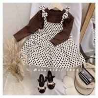 Set váy yếm chấm bi bồng xoè, hai chi tiết, màu nâu điệu đà, cao cấp bé mặc đi chơi đi học, ẢNH THẬT
