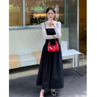 Set Váy Yếm Dáng Dài Xòe Phối Áo Thun Cộc Tay Chất Thun Mềm Mại Style Xinh Xắn Sang Trọng