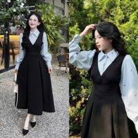 Set Váy Yếm Đen Dáng Dài Chiết Eo Phối Áo Sơ Mi Xanh Họa Tiết Kẻ Nơ Mini Xinh Xắn, Thời Trang Công Sở Thanh Lịch