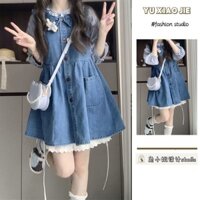 Set Váy Yếm Denim Cổ Búp Bê +Áo Sơ Mi Kẻ Sọc Ngọt Ngào Và Dễ Thương Phong Cách Đại Học Nhật Bản Cho Nữ Sinh- Hàng Order