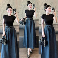 Sét Váy Yếm đuôi cá áo thun đen, Sét Áo thun Chân Váy Jean Xoè