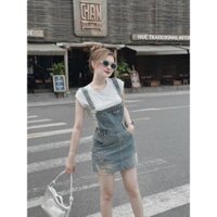 Sét váy yếm jean thời trang nữ, sét váy áo tăm tay cộc phối yếm váy jean dáng ngắn chữ A phong cách năng động, cá tính