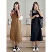 Set Váy Yếm Kaki 2 Dây Xẻ Sau Phối Áo T-Shirt Cotton Kẻ Phong Cách Ulzzang Hàn Quốc - Chann Closet