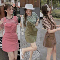Set váy yếm kaki kèm áo thun gân sọc năng động trẻ trung