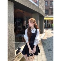 Set Váy Yếm Kiểu Pháp Dáng Nhỏ, Nơ+Áo Sơ Mi Trắng Mùa Thu, Trọn Bộ- Hàng Order