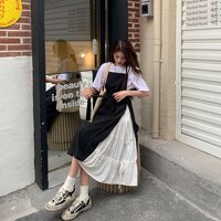 Set váy yếm nữ 2 dây, đầm nữ dài maxi phối trắng dáng ulzang phong cách hàn quốc cá tính  không kèm áo