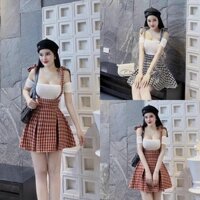 Set váy yếm nữ sọc caro mix áo thun siêu xinh e màu sang xịn cho các nàng đi chơi,đi dạo phố thời trang nữ MOON