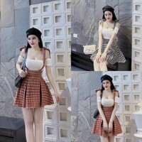 Set váy yếm nữ sọc caro mix áo thun siêu xinh e màu sang xịn cho các nàng đi chơi,đi dạo phố thời trang nữ MOON