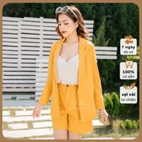 Set vest blazer quần short YOLINEN áo khoác nhẹ dài tay vải linen sợi tự nhiên (vàng nghệ)