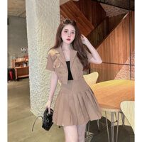 SET Vest MISSI gồm Áo + Chân váy xếp ly chất liệu chéo thái mềm mịn có đệm vai cực tôn dáng