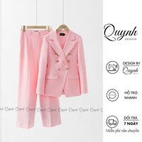Set vest nữ blazer công sở QUYNH DESIGN cao cấp thiết kế áo chiết eo dài tay quần ông suông màu hồng