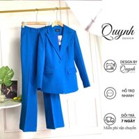 Set vest nữ blazer công sở QUYNH DESIGN cao cấp thiết kế áo chiết eo dài tay quần ống loe màu xanh