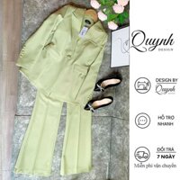 Set vest nữ blazer công sở QUYNH DESIGN cao cấp thiết kế áo chiết eo dài tay quần ống loe màu xanh
