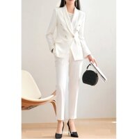 Set vest nữ blazer công sở QUYNH DESIGN cao cấp thiết kế áo chiết eo dài tay quần đứng màu trắng