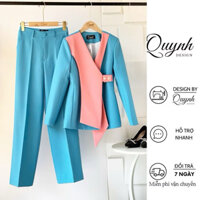 Set vest nữ blazer công sở QUYNH DESIGN cao cấp thiết kế áo chiết eo dài tay quần ống suông màu xanh