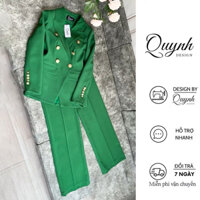 Set vest nữ blazer công sở QUYNH DESIGN cao cấp thiết kế áo chiết eo dài tay quần ống suông màu xanh