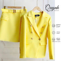 Set vest nữ blazer công sở QUYNH DESIGN cao cấp thiết kế áo chiết eo dài tay chân váy chữ A màu vàng