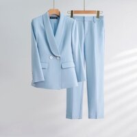 Set vest nữ blazer công sở QUYNH DESIGN cao cấp thiết kế áo chiết eo dài tay quần ống đứng màu xanh