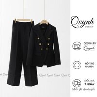 Set vest nữ blazer công sở QUYNH DESIGN cao cấp thiết kế áo chiết eo dài tay quần ống suông màu đen