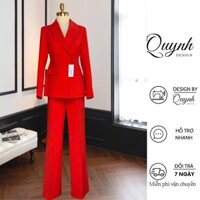 Set vest nữ blazer công sở QUYNH DESIGN cao cấp thiết kế áo chiết eo dài tay quần ống suông màu đỏ