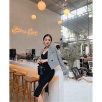 Set vest sọc + đầm body xẻ tà